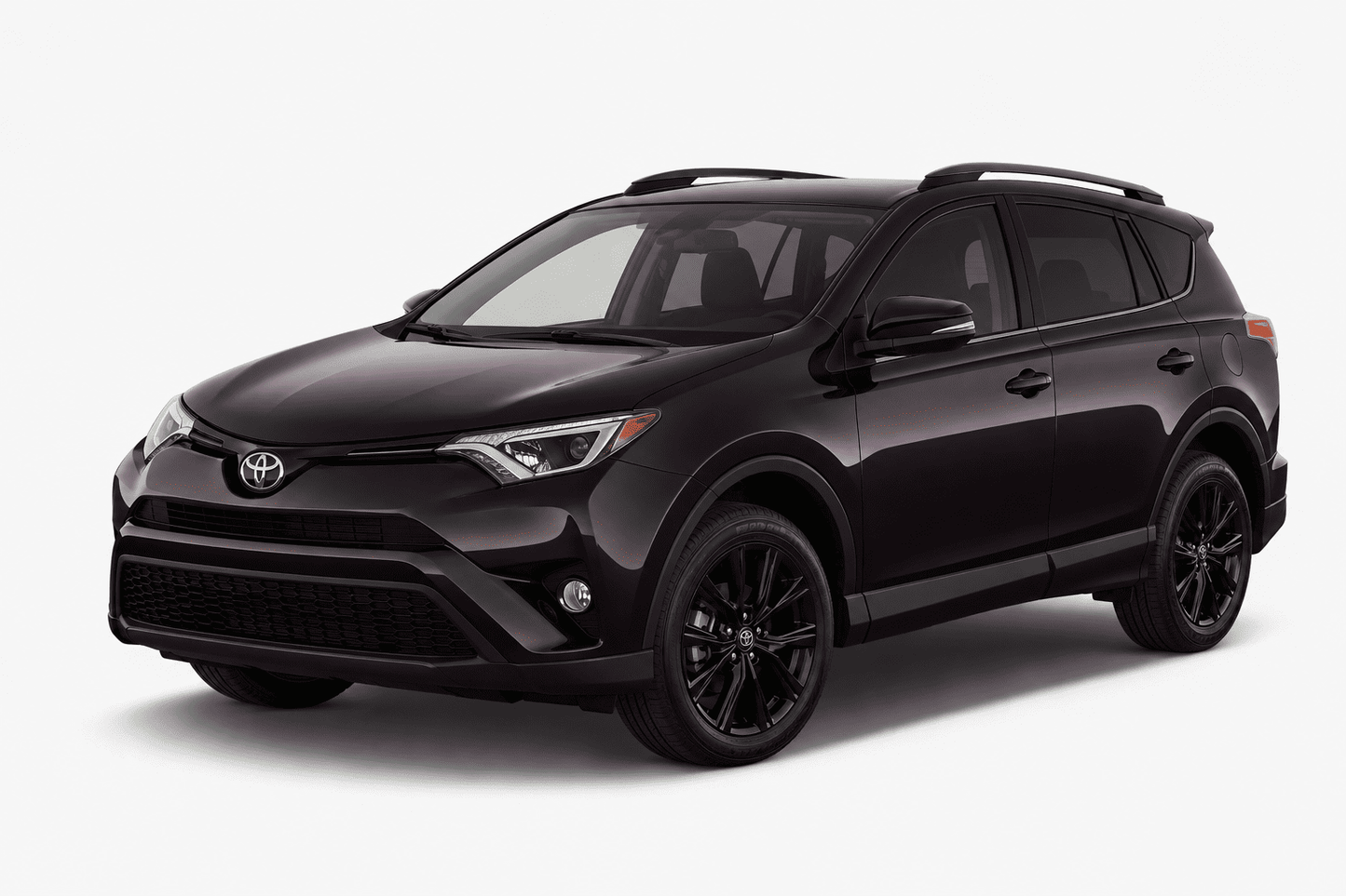 A black Toyota RAV4 SUV shown from a three-quarter front angle on a light gray studio background.