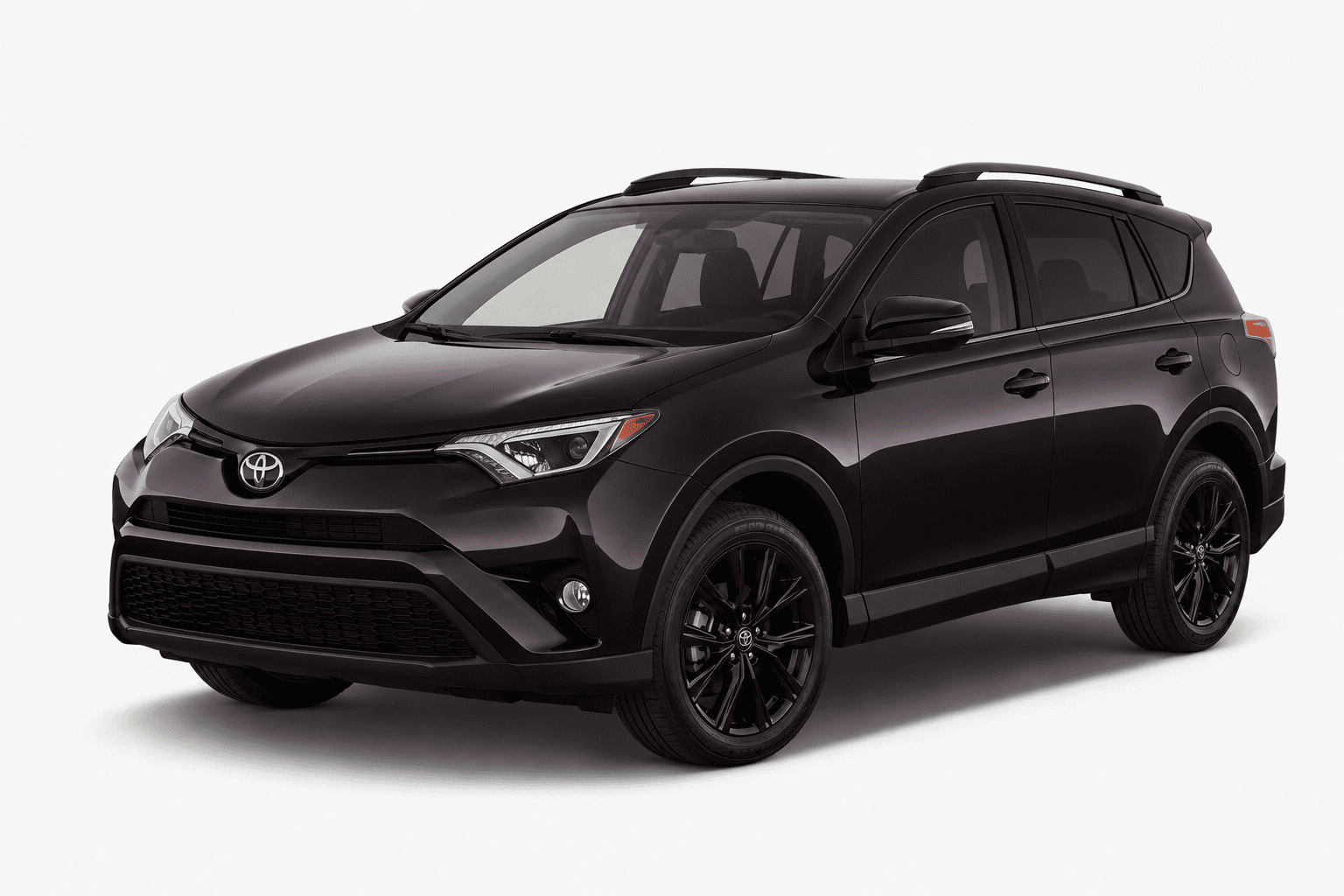 A black Toyota RAV4 SUV shown from a three-quarter front angle on a light gray studio background.