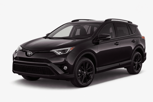 A black Toyota RAV4 SUV shown from a three-quarter front angle on a light gray studio background.