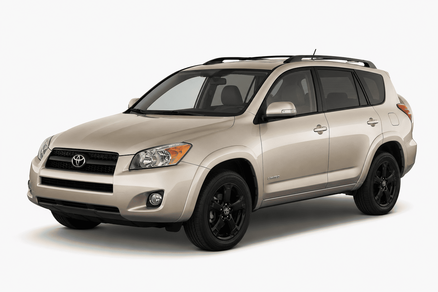A beige Toyota RAV4 SUV with black wheels and roof rails, photographed from a three-quarter front angle on a light gray background.