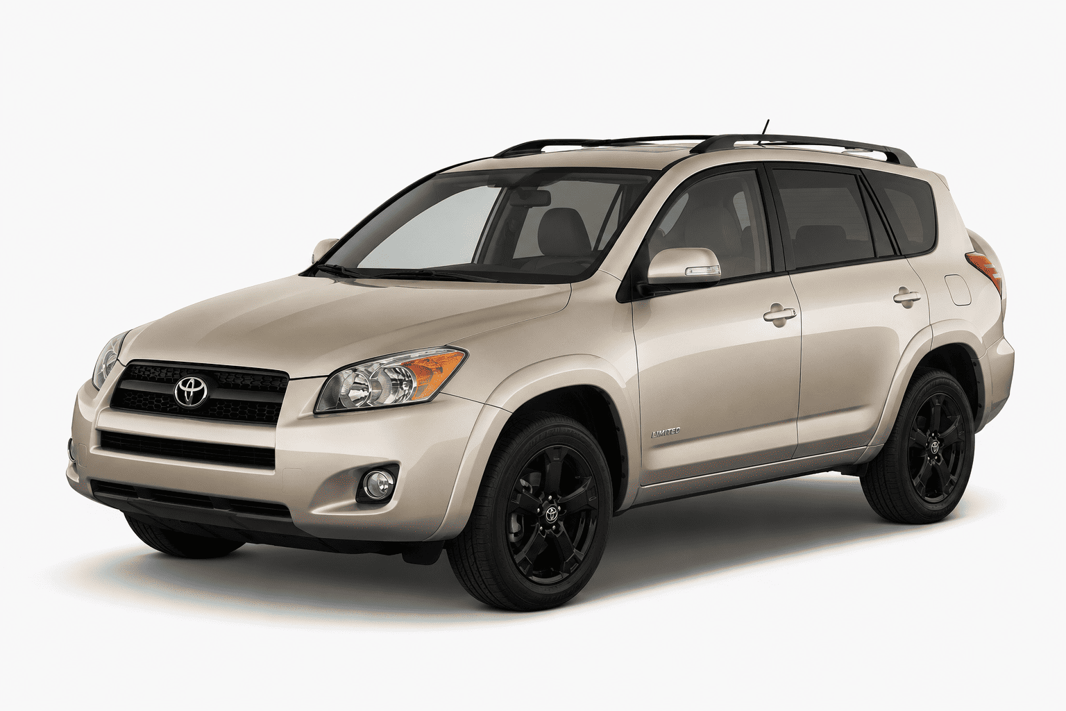 A beige Toyota RAV4 SUV with black wheels and roof rails, photographed from a three-quarter front angle on a light gray background.