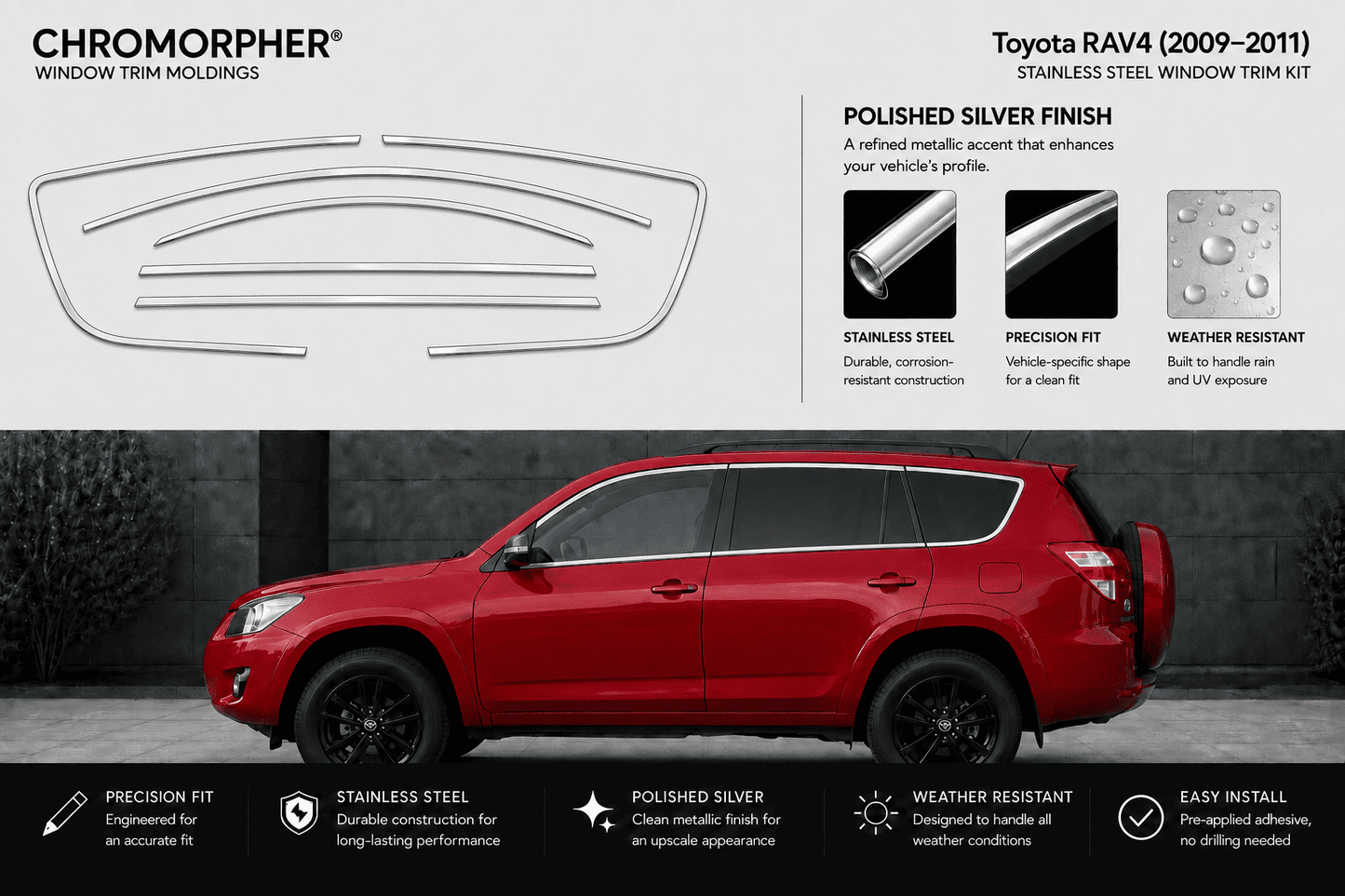 Chromorphor window trim moldings kit for Toyota RAV4 (2009-2011) in polished silver finish. The top half shows the outline of the trim kit and feature callouts, while the bottom half shows a red SUV with the black-trimmed side window area demonstrating the fitment.