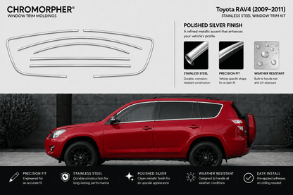 Chromorphor window trim moldings kit for Toyota RAV4 (2009-2011) in polished silver finish. The top half shows the outline of the trim kit and feature callouts, while the bottom half shows a red SUV with the black-trimmed side window area demonstrating the fitment.