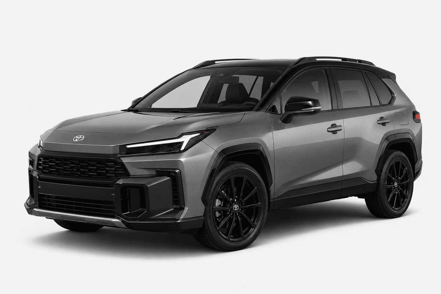 A metallic gray Toyota RAV4 SUV with black wheels, black trim, and a black roof, shown from a three-quarter front angle on a light gray background.