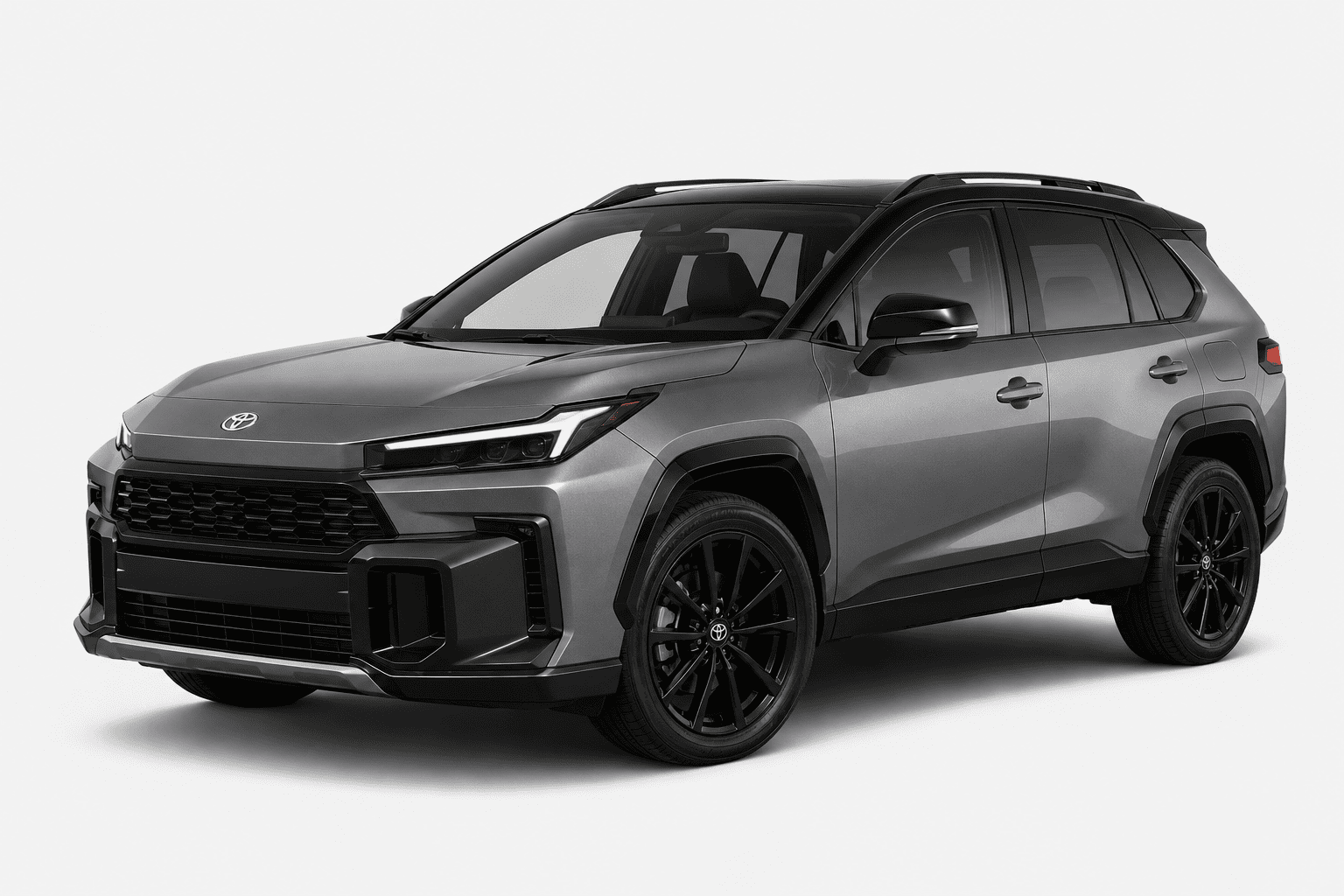 A metallic gray Toyota RAV4 SUV with black wheels, black trim, and a black roof, shown from a three-quarter front angle on a light gray background.