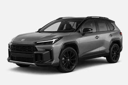 A metallic gray Toyota RAV4 SUV with black wheels, black trim, and a black roof, shown from a three-quarter front angle on a light gray background.