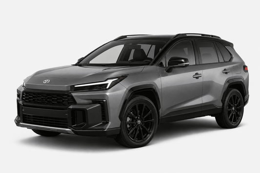 A metallic gray Toyota RAV4 SUV with black wheels, black trim, and a black roof, shown from a three-quarter front angle on a light gray background.