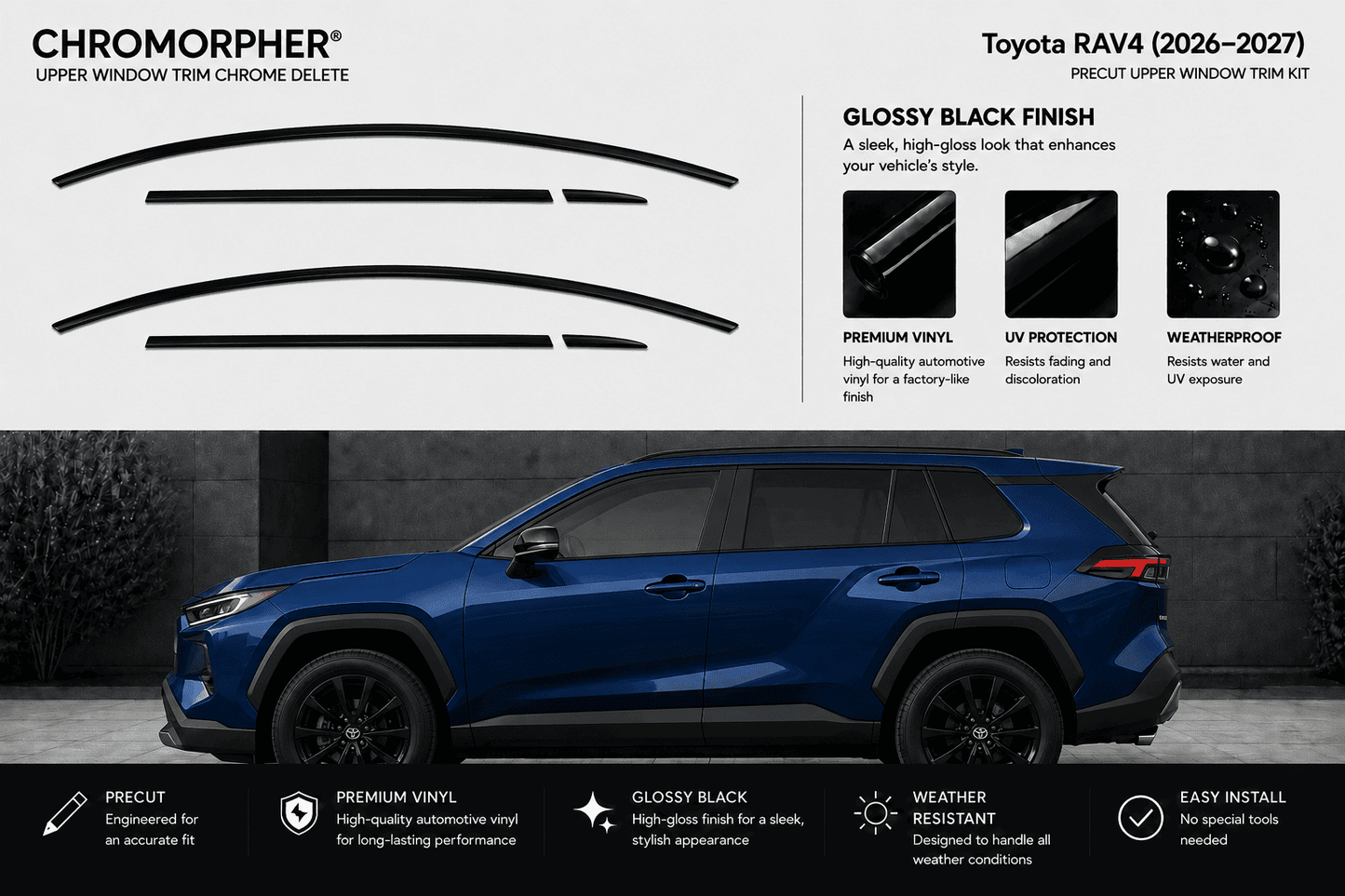 Chromorpher Upper Window Trim Chrome Delete kit for Toyota RAV4 (2026-2027) in glossy black finish. The image features the four pre-cut black window trim pieces at the top, product specifications, and a blue Toyota RAV4 SUV on a dark gray background at the bottom.