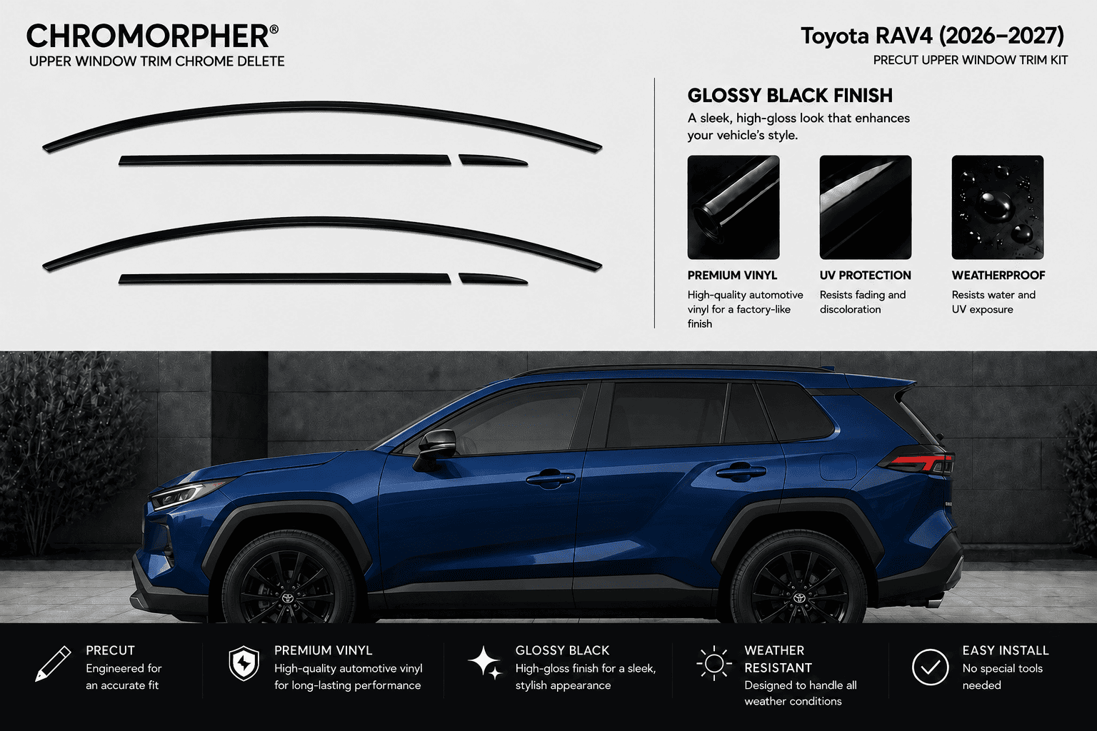 Chromorpher Upper Window Trim Chrome Delete kit for Toyota RAV4 (2026-2027) in glossy black finish. The image features the four pre-cut black window trim pieces at the top, product specifications, and a blue Toyota RAV4 SUV on a dark gray background at the bottom.