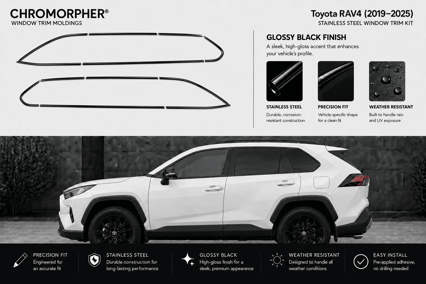 Chromorphor window trim moldings for Toyota RAV4 (2019-2025) in glossy black finish, shown with two black trim pieces on a light gray background and a white SUV below demonstrating fitment.