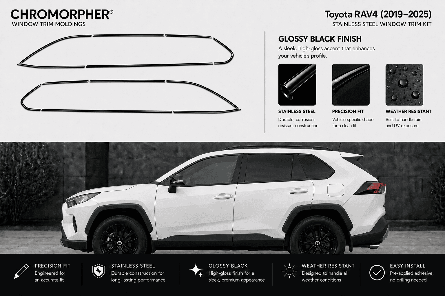 Chromorphor window trim moldings for Toyota RAV4 (2019-2025) in glossy black finish, shown with two black trim pieces on a light gray background and a white SUV below demonstrating fitment.