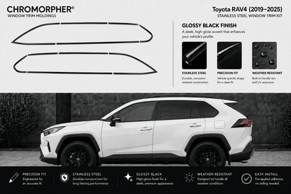Chromorphor window trim moldings for Toyota RAV4 (2019-2025) in glossy black finish, shown with two black trim pieces on a light gray background and a white SUV below demonstrating fitment.