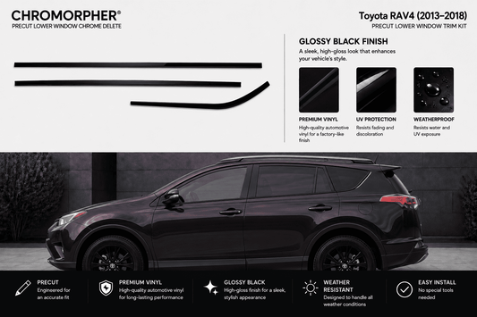 Chromorphor Toyota RAV4 lower window chrome delete trim kit in glossy black finish, shown with line drawings of the cutout lines and a dark gray SUV on a black background with feature callouts.