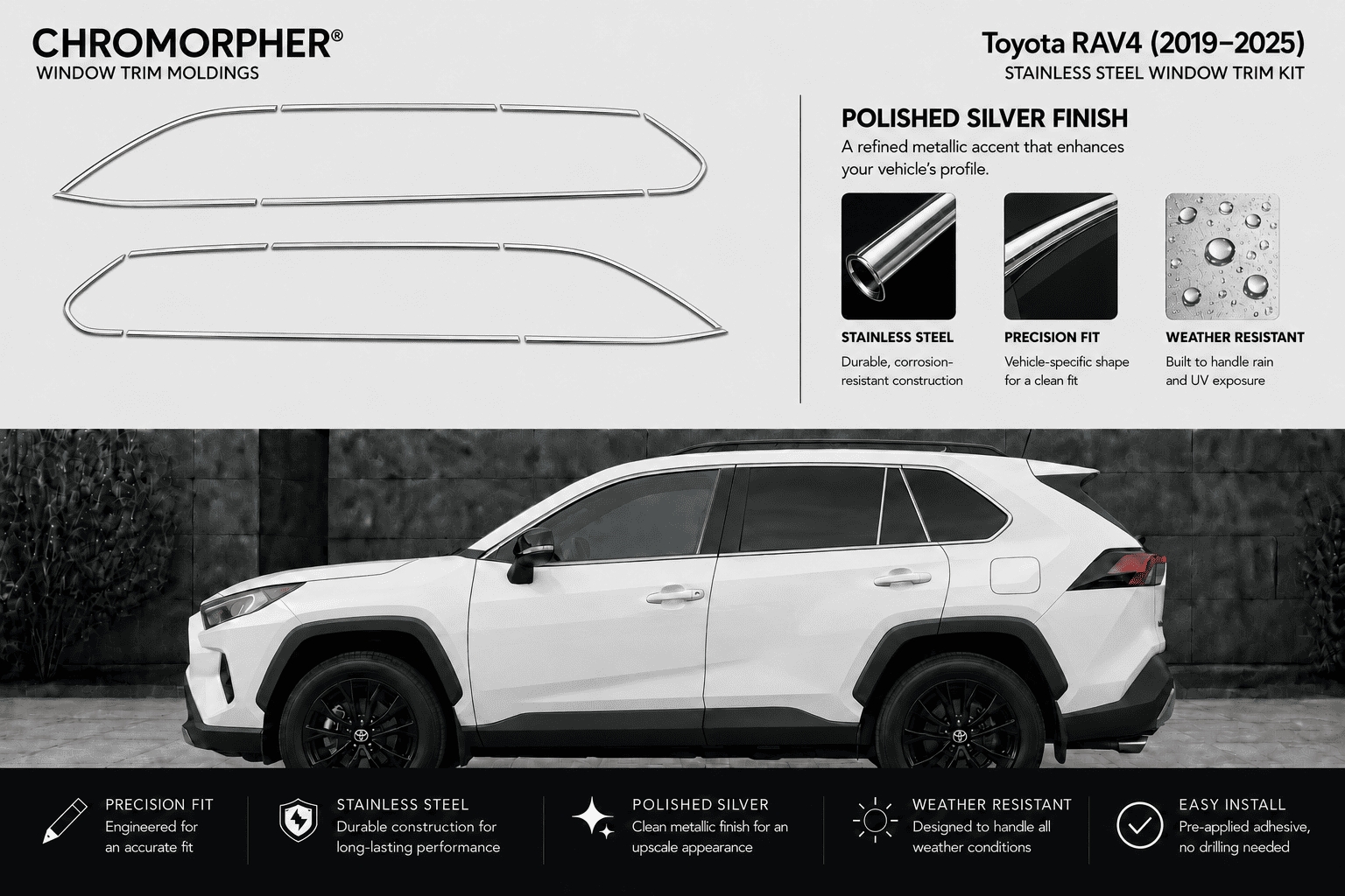 Chromorphor window trim moldings for Toyota RAV4 (2019-2025) in polished silver stainless steel. The image features two profile views of the trim pieces at the top, product features, and a black-and-white side view of a white Toyota RAV4 showing the trim installed.