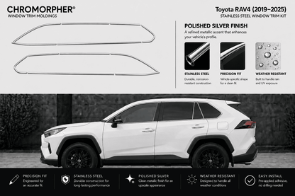 Chromorphor window trim moldings for Toyota RAV4 (2019-2025) in polished silver stainless steel. The image features two profile views of the trim pieces at the top, product features, and a black-and-white side view of a white Toyota RAV4 showing the trim installed.