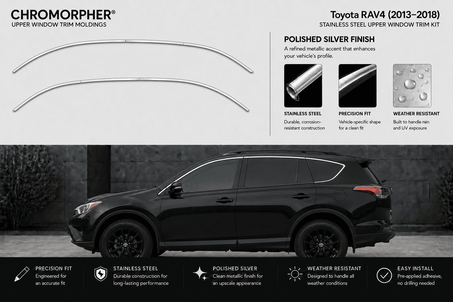 Promotional graphic for a Chromorpher upper window trim molding kit designed for a Toyota RAV4 (2013-2018). The top half features product diagrams showing the silver metal profile and its polished finish, alongside feature callouts.