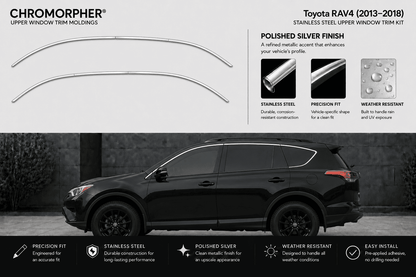 Promotional graphic for a Chromorpher upper window trim molding kit designed for a Toyota RAV4 (2013-2018). The top half features product diagrams showing the silver metal profile and its polished finish, alongside feature callouts.