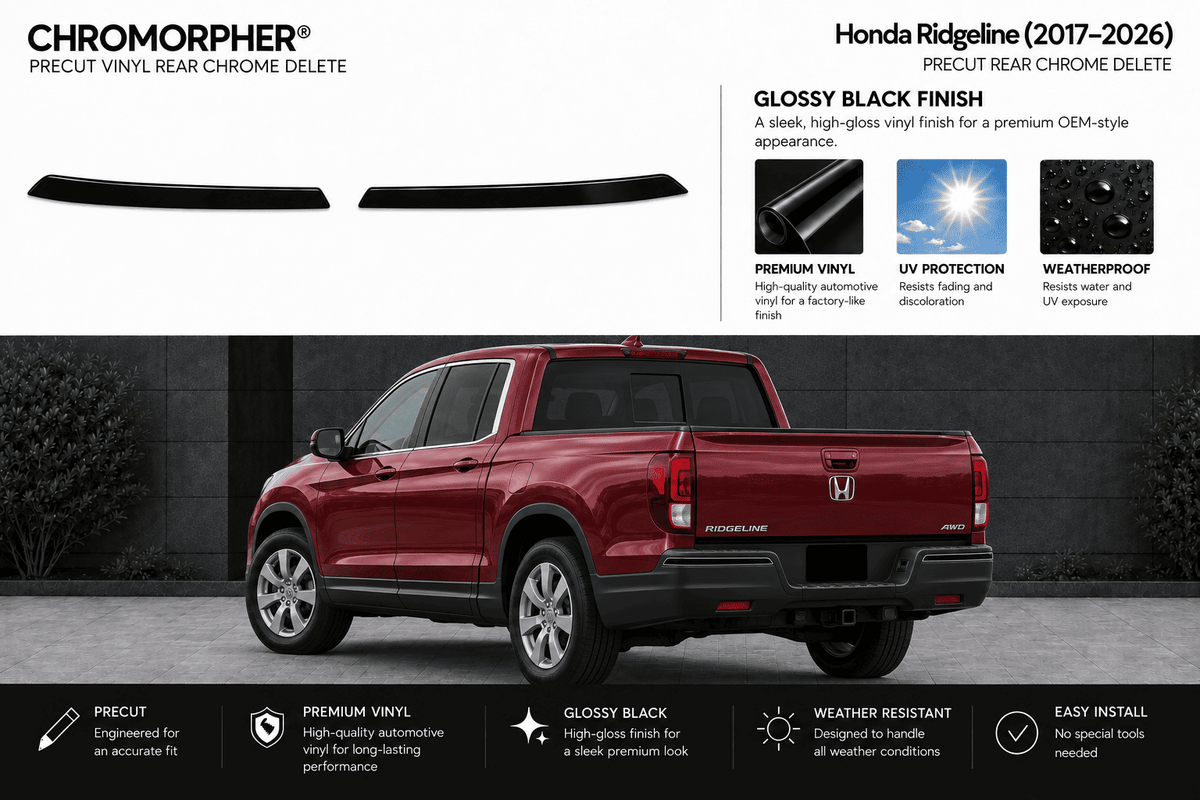 A promotional graphic for a chrome delete vinyl rear lip spoiler kit designed for a Honda Ridgeline (2017-2026). The top half features product renderings of the black vinyl spoiler pieces and text detailing its glossy black finish and premium qualities.