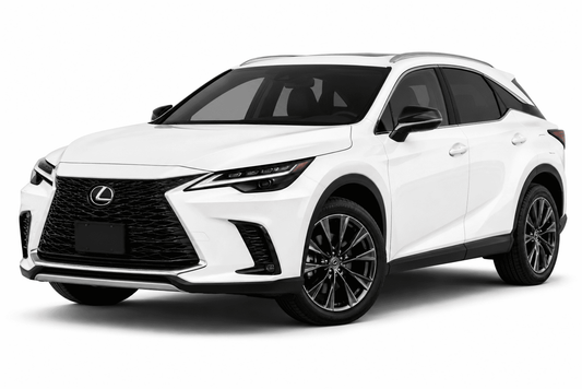 A white Lexus SUV photographed on a clean white studio background, shown at a three-quarter front angle. The vehicle has a large black spindle grille, sleek LED headlights, dark tinted windows, and black multi-spoke alloy wheels.