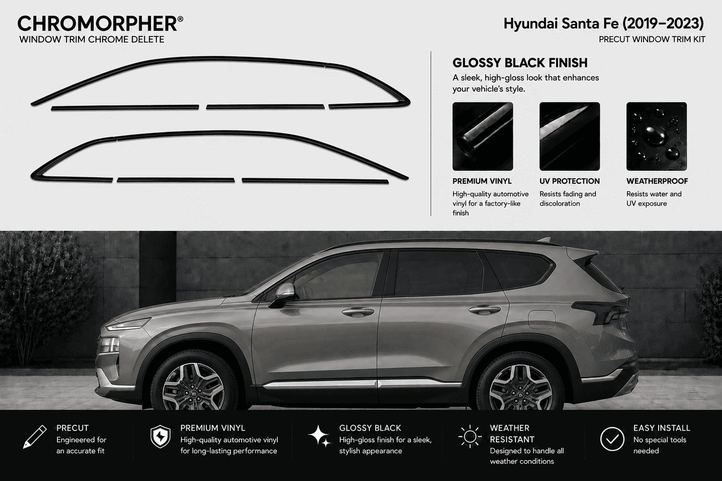 Chromorpher window trim chrome delete kit for Hyundai Santa Fe (2019-2023) in glossy black finish, shown with the black trim pieces at the top and a blacked-out side view of the SUV below.
