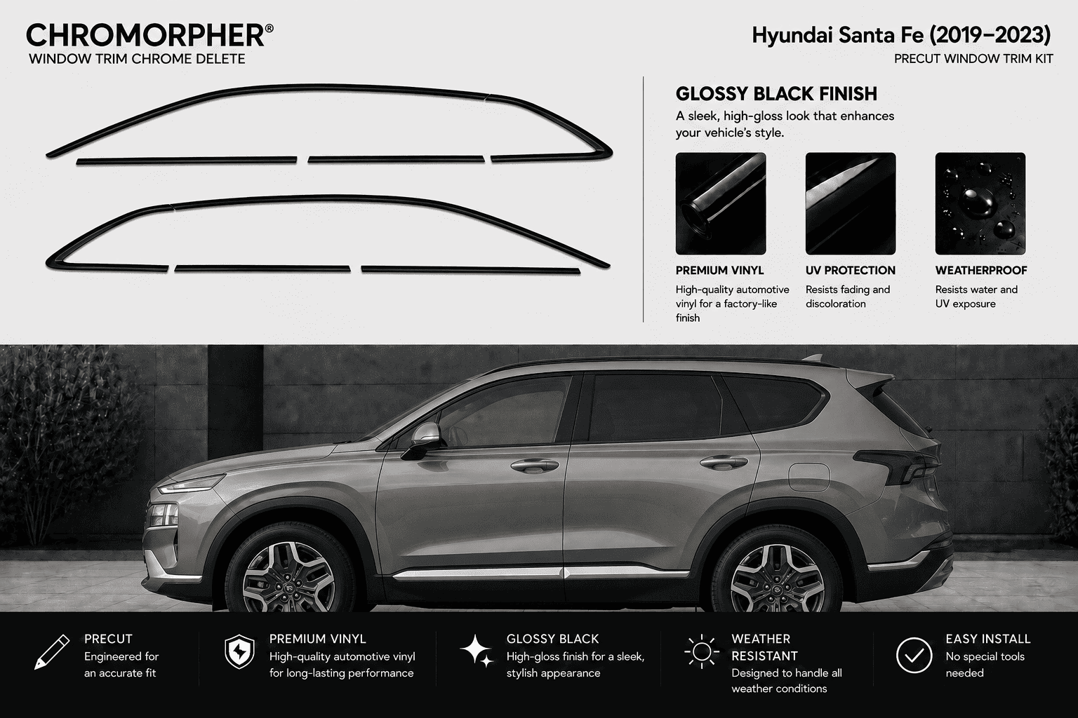 Chromorpher window trim chrome delete kit for Hyundai Santa Fe (2019-2023) in glossy black finish, shown with the black trim pieces at the top and a blacked-out side view of the SUV below.