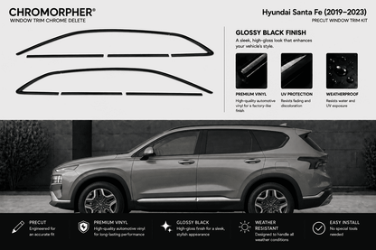 Chromorpher window trim chrome delete kit for Hyundai Santa Fe (2019-2023) in glossy black finish, shown with the black trim pieces at the top and a blacked-out side view of the SUV below.