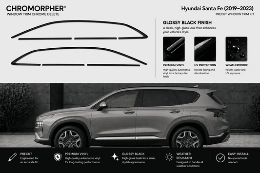 Chromorpher window trim chrome delete kit for Hyundai Santa Fe (2019-2023) in glossy black finish, shown with the black trim pieces at the top and a blacked-out side view of the SUV below.