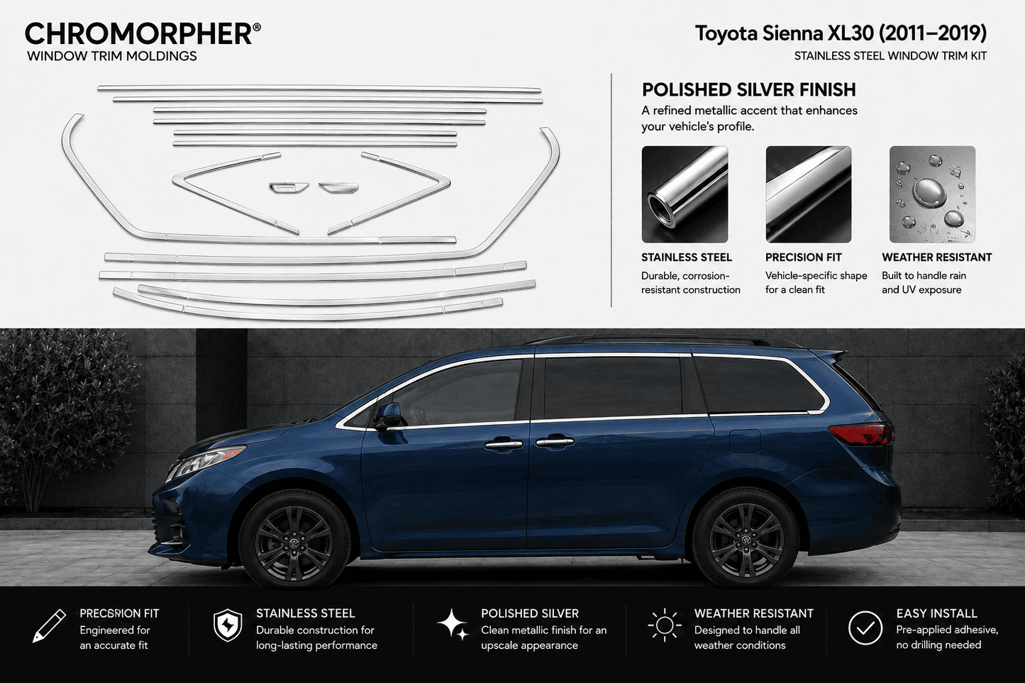 Chromorphor window trim moldings for a Toyota Sienna XL30, showing the silver metal trim kit pieces on the top half and a blue minivan on the bottom half to demonstrate the fitment and polished silver finish.