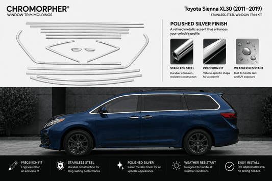 Chromorphor window trim moldings for a Toyota Sienna XL30, showing the silver metal trim kit pieces on the top half and a blue minivan on the bottom half to demonstrate the fitment and polished silver finish.