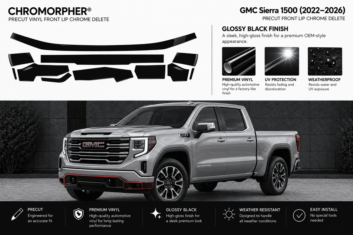Chrome morpher precut vinyl front lip chrome delete kit shown with black decal pieces at the top and a silver GMC Sierra 1500 truck below demonstrating the applied effect on the front grille and bumper area.