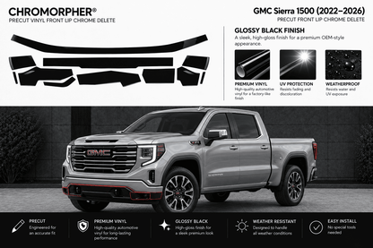 Chrome morpher precut vinyl front lip chrome delete kit shown with black decal pieces at the top and a silver GMC Sierra 1500 truck below demonstrating the applied effect on the front grille and bumper area.