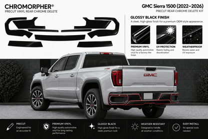 Chromorphor GMC Sierra 1500 rear chrome delete kit vinyl decals shown both as flat product pieces at the top and applied to a silver pickup truck at the bottom. The decals are glossy black and designed for a 2022-2026 GMC Sierra 1500.