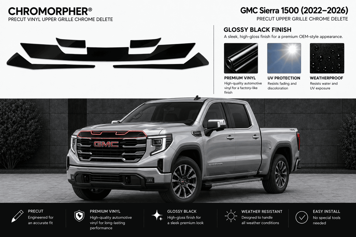 Promotional graphic for a Chromorphor GMC Sierra 1500 precut upper grille chrome delete vinyl decal kit. The top half shows the black vinyl decal pieces and product features, while the bottom half features a silver GMC Sierra truck on a dark gray background illustrating the installed look.