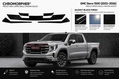 Promotional graphic for a Chromorphor GMC Sierra 1500 precut upper grille chrome delete vinyl decal kit. The top half shows the black vinyl decal pieces and product features, while the bottom half features a silver GMC Sierra truck on a dark gray background illustrating the installed look.