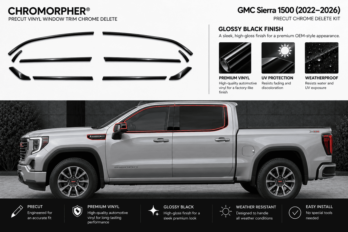 Chromorphor GMC Sierra 1500 precut vinyl window trim chrome delete kit shown on a silver pickup truck with blacked-out side windows and a red accent line. The image includes product cutout graphics, gloss black finish benefits, and feature icons on a white background.