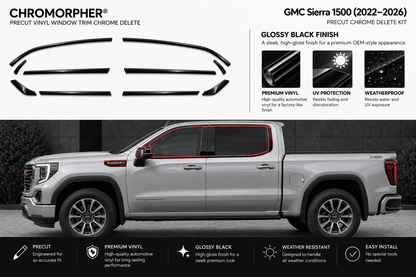 Chromorphor GMC Sierra 1500 precut vinyl window trim chrome delete kit shown on a silver pickup truck with blacked-out side windows and a red accent line. The image includes product cutout graphics, gloss black finish benefits, and feature icons on a white background.