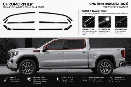 Chromorphor GMC Sierra 1500 precut vinyl window trim chrome delete kit shown on a silver pickup truck with blacked-out side windows and a red accent line. The image includes product cutout graphics, gloss black finish benefits, and feature icons on a white background.