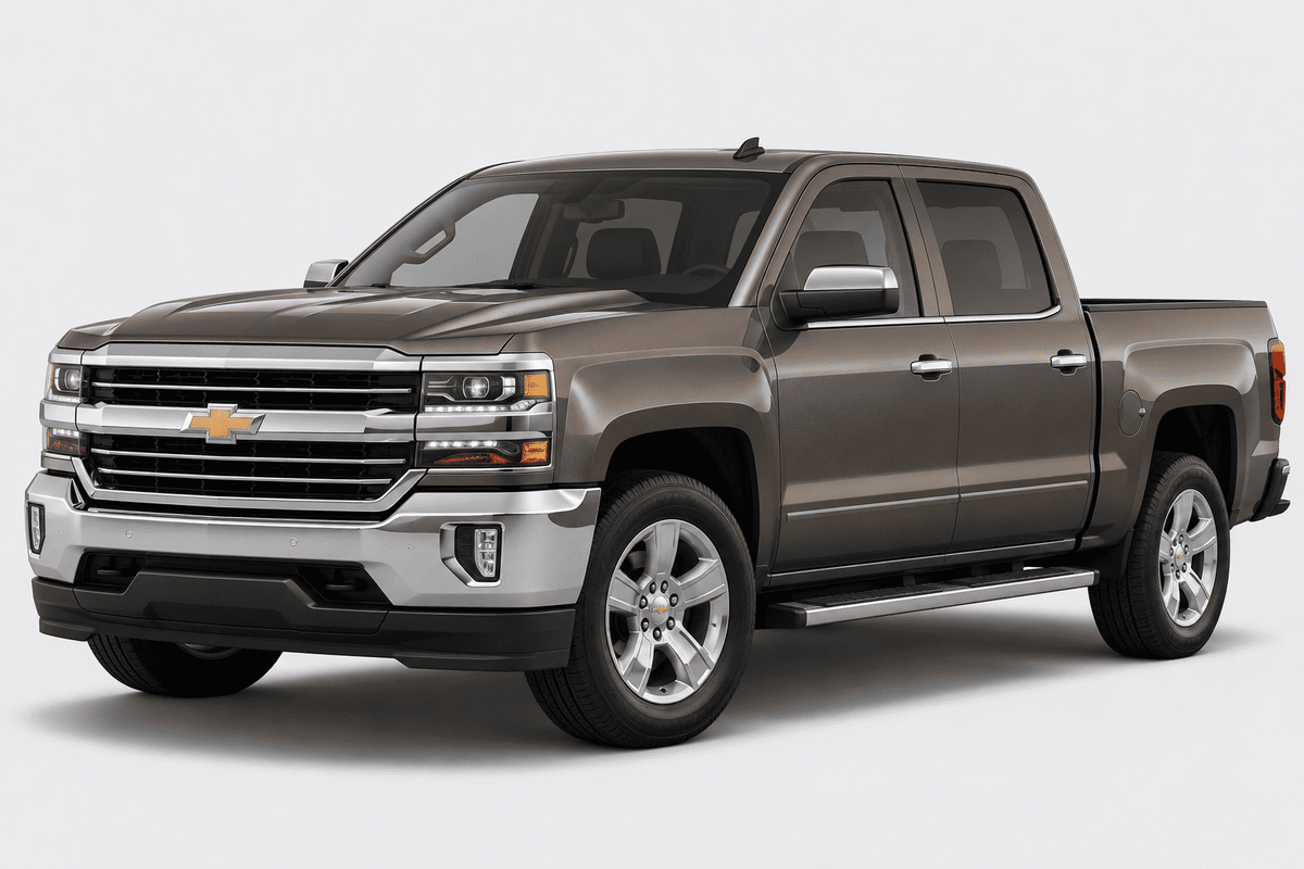 A Chevrolet Silverado pickup truck in metallic taupe gray, shown from a three-quarter front angle on a light gray studio background.