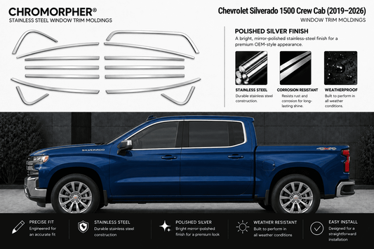 Chromorpher stainless steel window trim molds shown with a blue Chevrolet Silverado 1500 Crew Cab, featuring product cutout graphics, finish details, and feature callouts on a dark outdoor-style background.