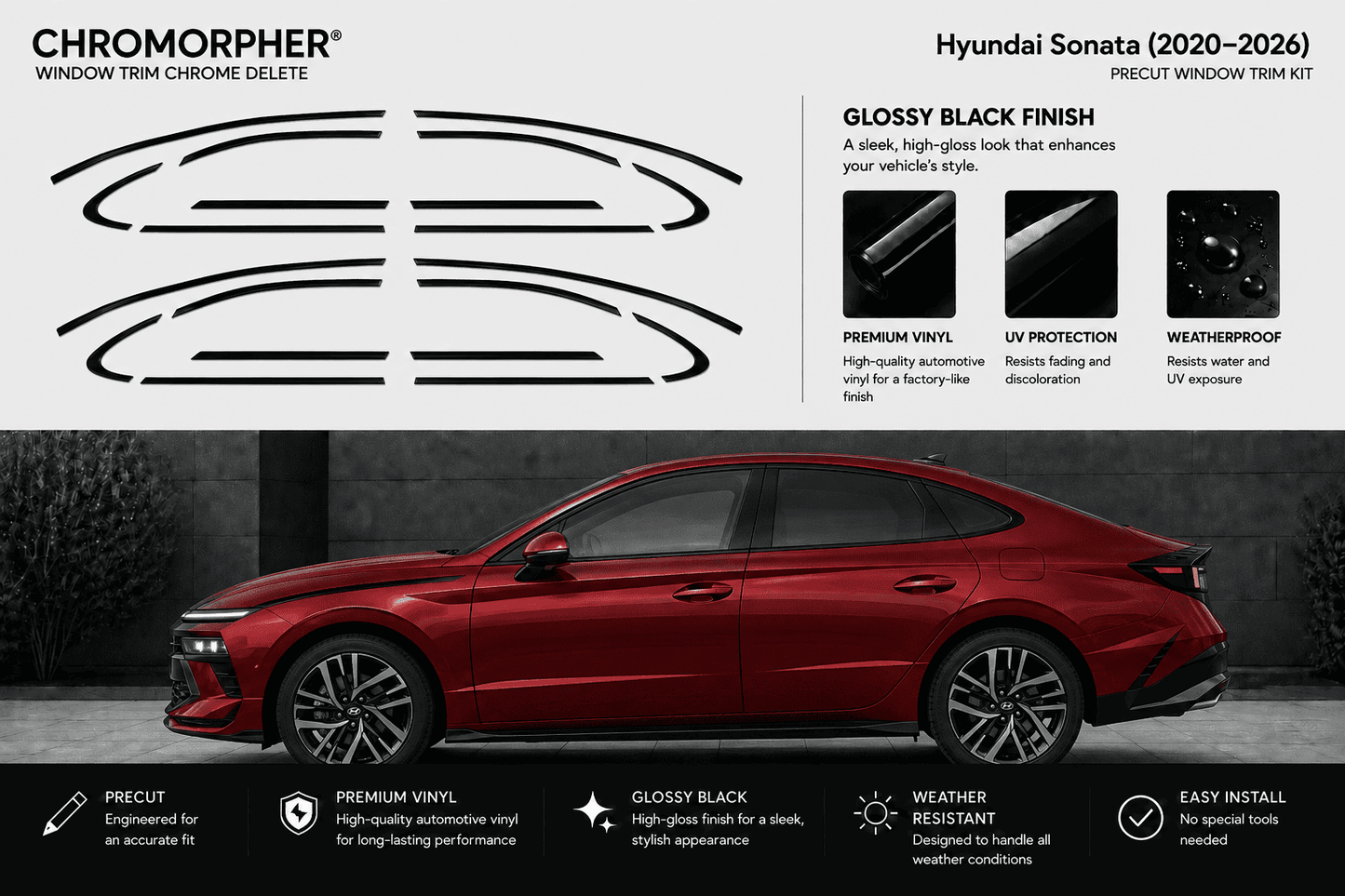Chromorpher Hyundai Sonata window trim chrome delete kit shown with black line drawings of the cutout shapes, feature callouts, and a red Hyundai Sonata car on a dark gray background.