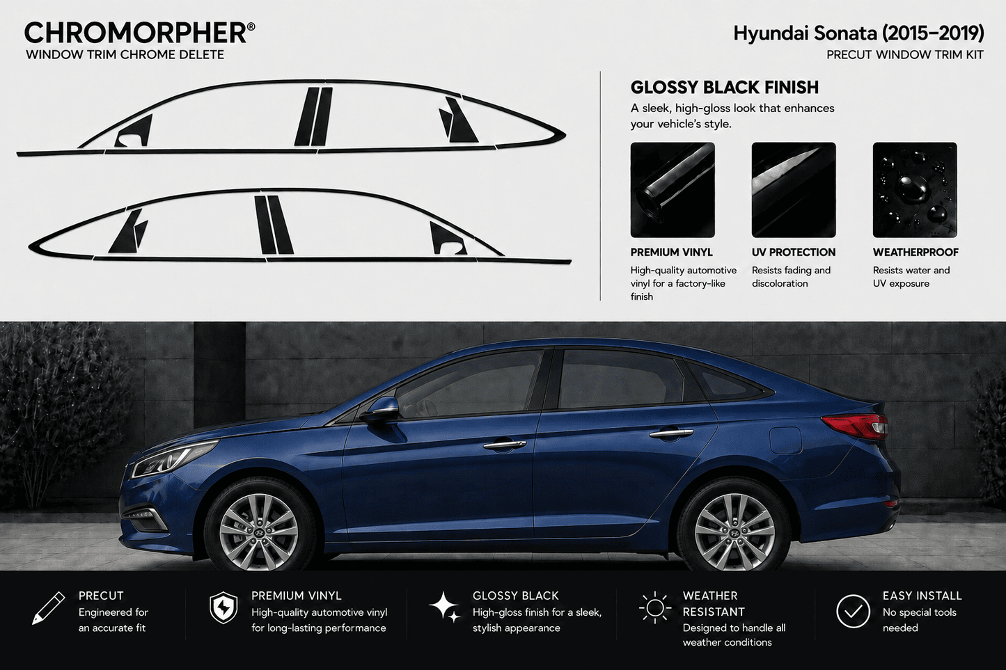 Hyundai Sonata window trim chrome delete decal kit shown on a dark blue car, with diagrammatic side-view cutout graphics and feature callouts for glossy black finish, UV protection, and weatherproof design.