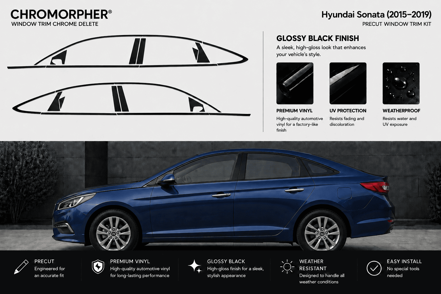 Hyundai Sonata window trim chrome delete decal kit shown on a dark blue car, with diagrammatic side-view cutout graphics and feature callouts for glossy black finish, UV protection, and weatherproof design.