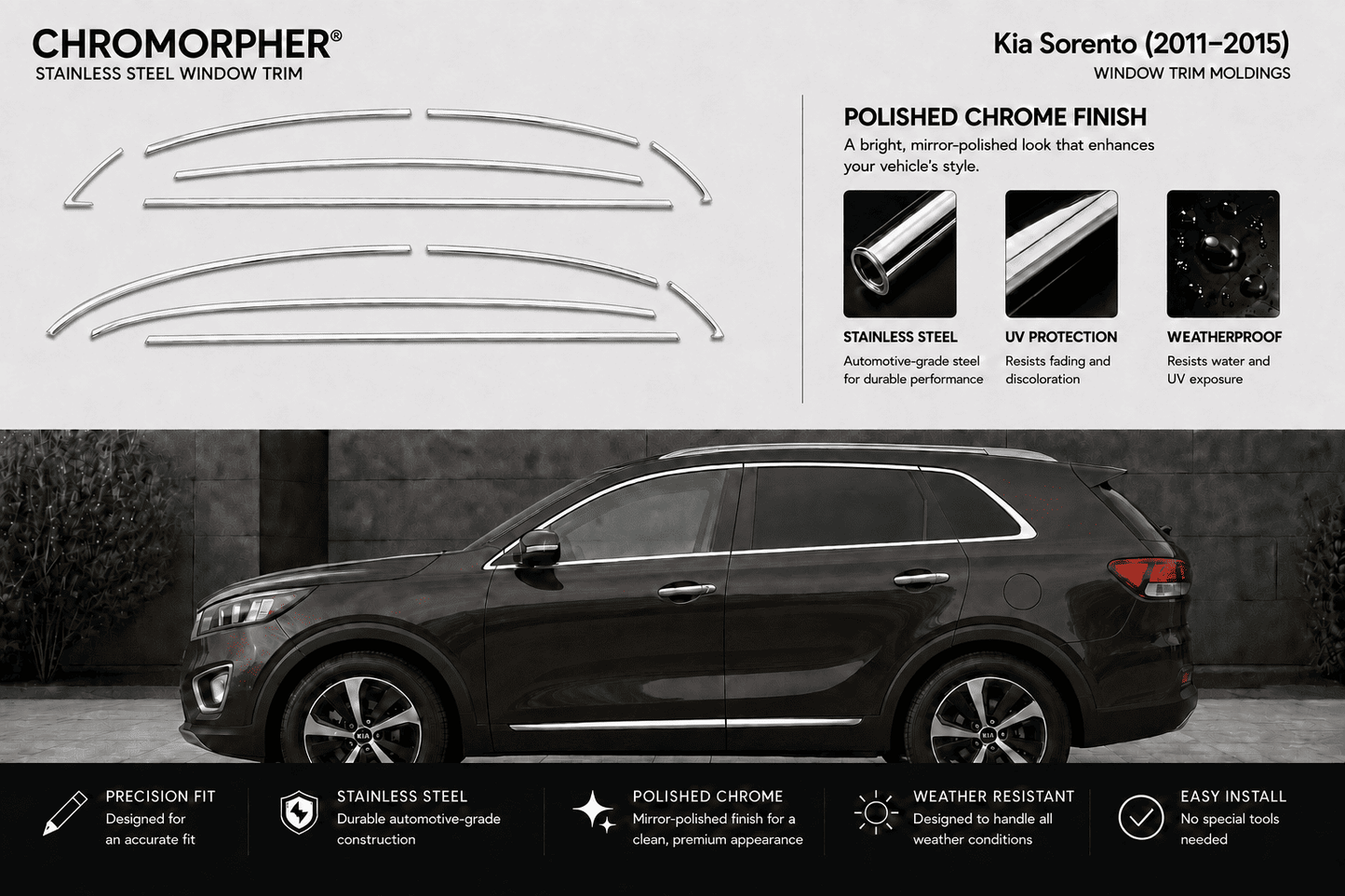 Chromorpher stainless steel window trim set for Kia Sorento 2011-2015, featuring four curved chrome trim pieces shown on a white background above a black SUV on a dark gray background. The image highlights the polished chrome finish, UV protection, and weatherproof design.