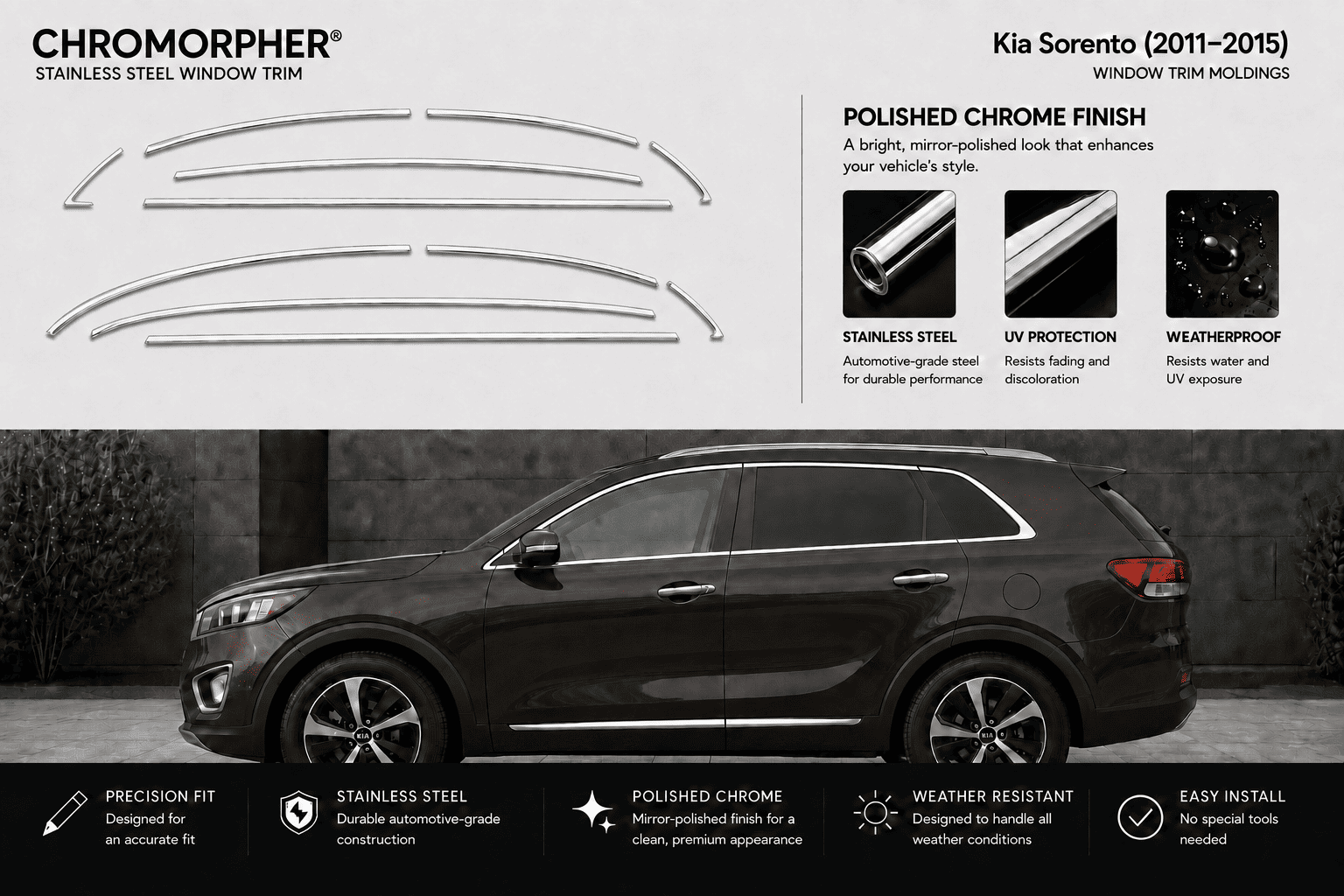 Chromorpher stainless steel window trim set for Kia Sorento 2011-2015, featuring four curved chrome trim pieces shown on a white background above a black SUV on a dark gray background. The image highlights the polished chrome finish, UV protection, and weatherproof design.