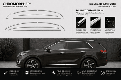 Chromorpher stainless steel window trim set for Kia Sorento 2011-2015, featuring four curved chrome trim pieces shown on a white background above a black SUV on a dark gray background. The image highlights the polished chrome finish, UV protection, and weatherproof design.