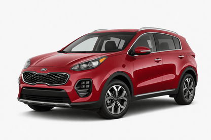 A red Kia Sportage SUV photographed from a three-quarter front angle on a clean, light gray studio background.