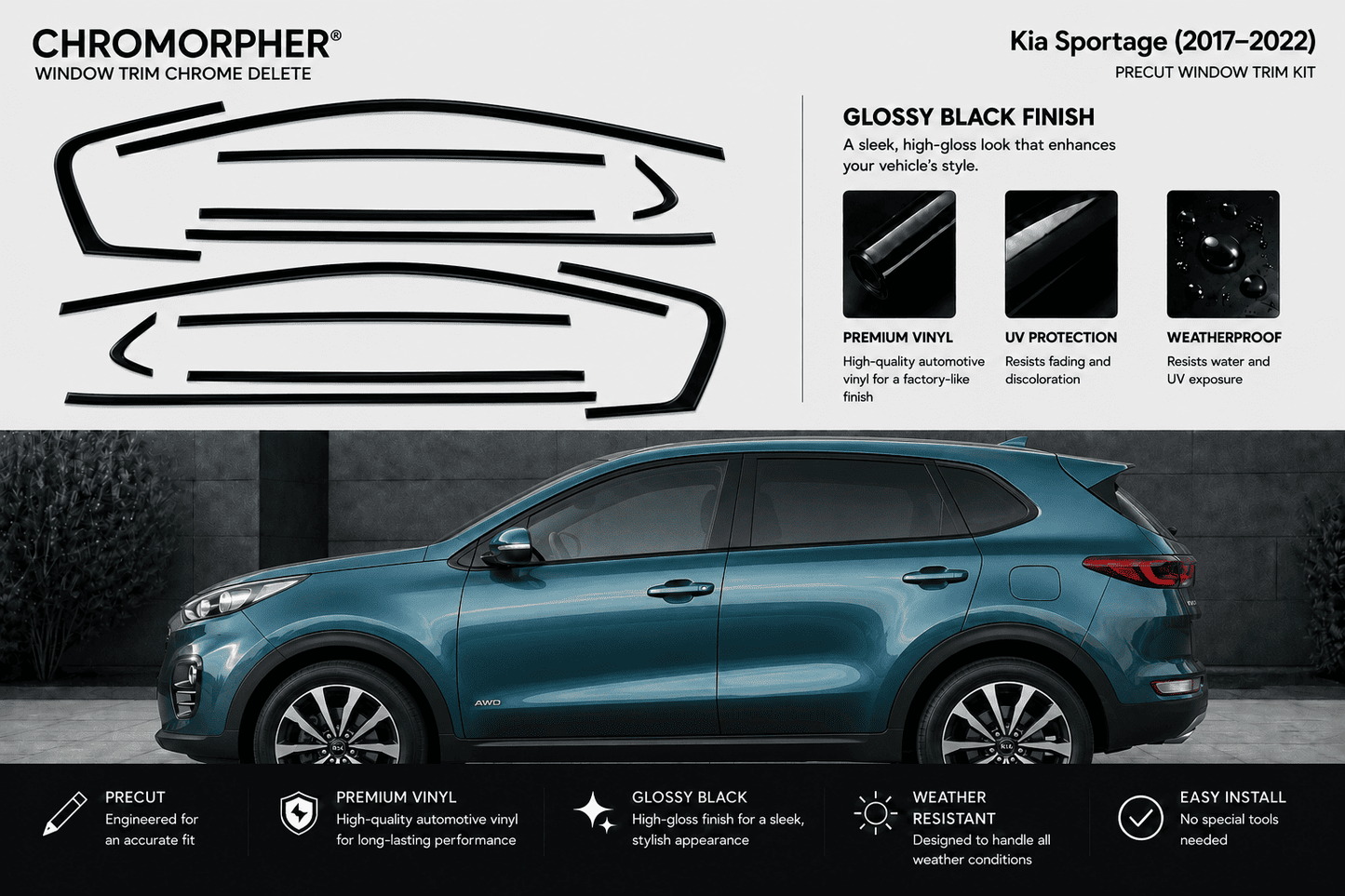 Promotional graphic for a Chromorpher Kia Sportage (2017-2022) window trim chrome delete kit. The top half features a black-and-white line drawing of the trim shape and text describing glossy black finish benefits.