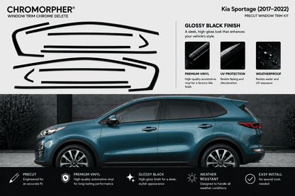 Promotional graphic for a Chromorpher Kia Sportage (2017-2022) window trim chrome delete kit. The top half features a black-and-white line drawing of the trim shape and text describing glossy black finish benefits.