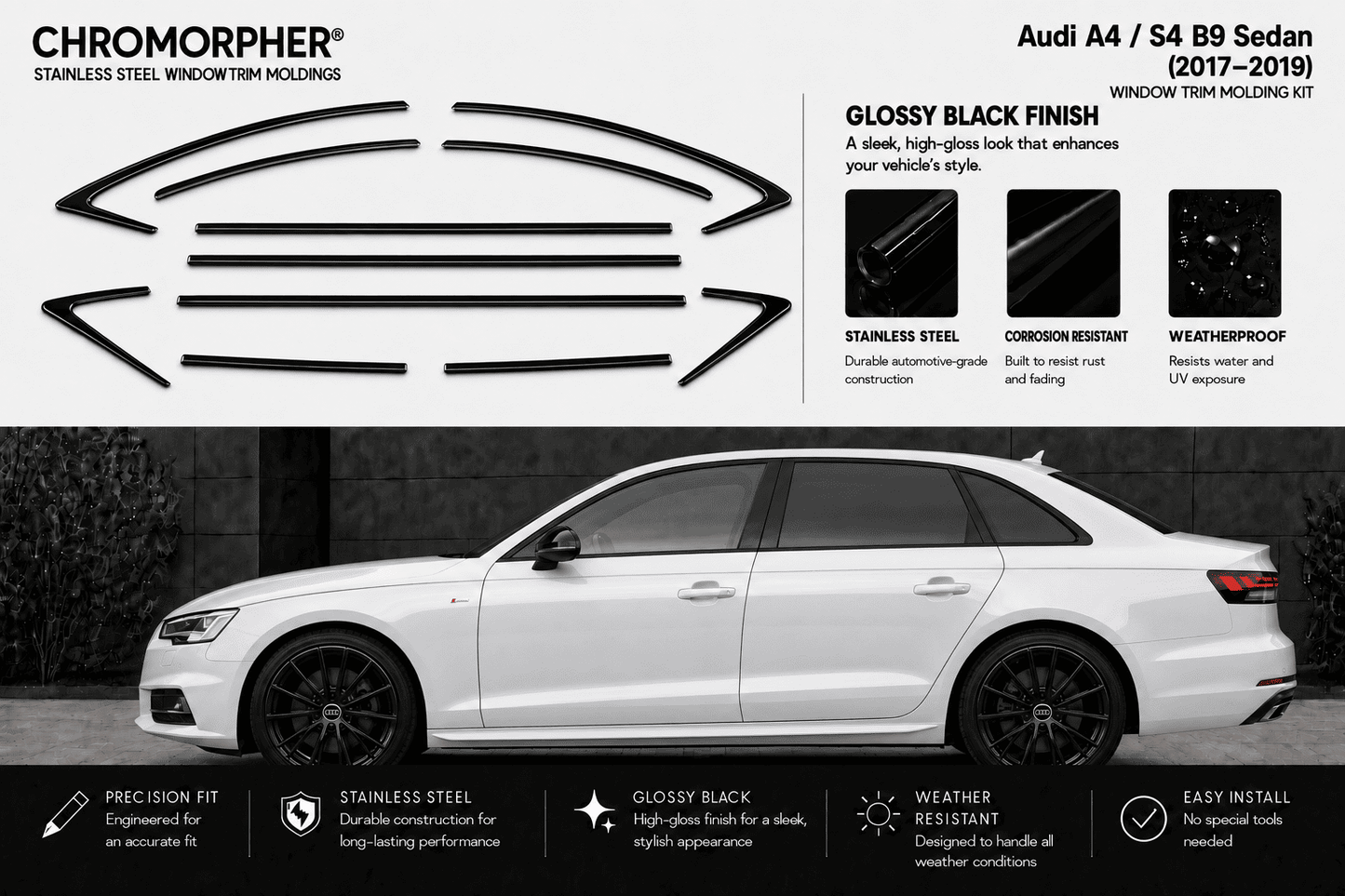 Chromorpher stainless steel window trim kit for Audi A4 / S4 B9 Sedan, showing the black curved trim pieces at the top and a white sedan demonstrating the glossy black finish below.