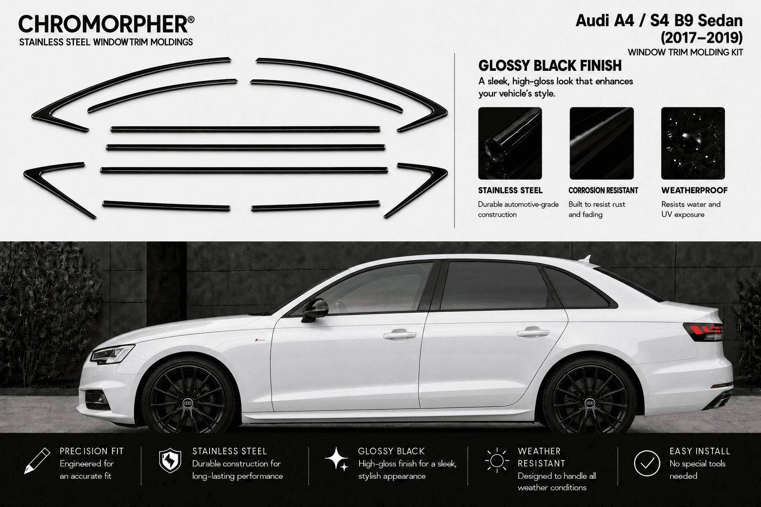 Chromorpher stainless steel window trim kit for Audi A4 / S4 B9 Sedan, showing the black curved trim pieces at the top and a white sedan demonstrating the glossy black finish below.